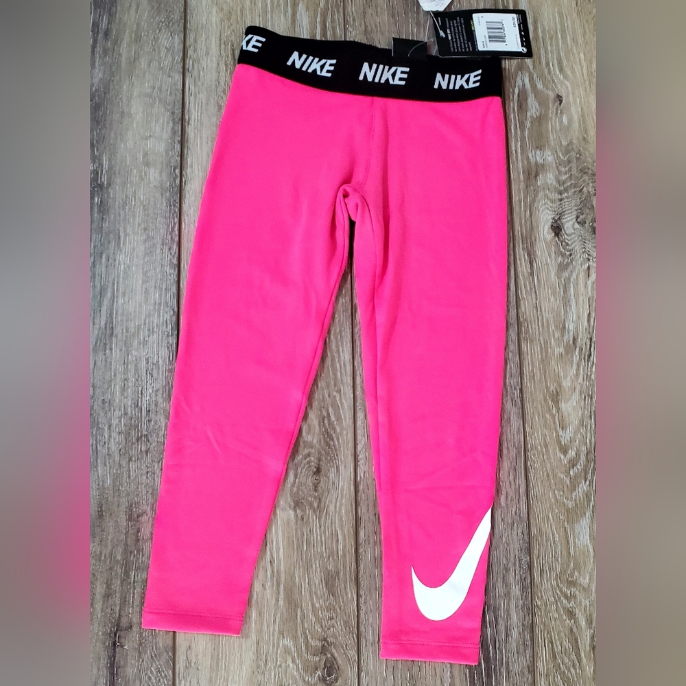 Girl's Nike Hot Pink athletic Leggings, White Swoosh Black Waistband Size 5 Or 6